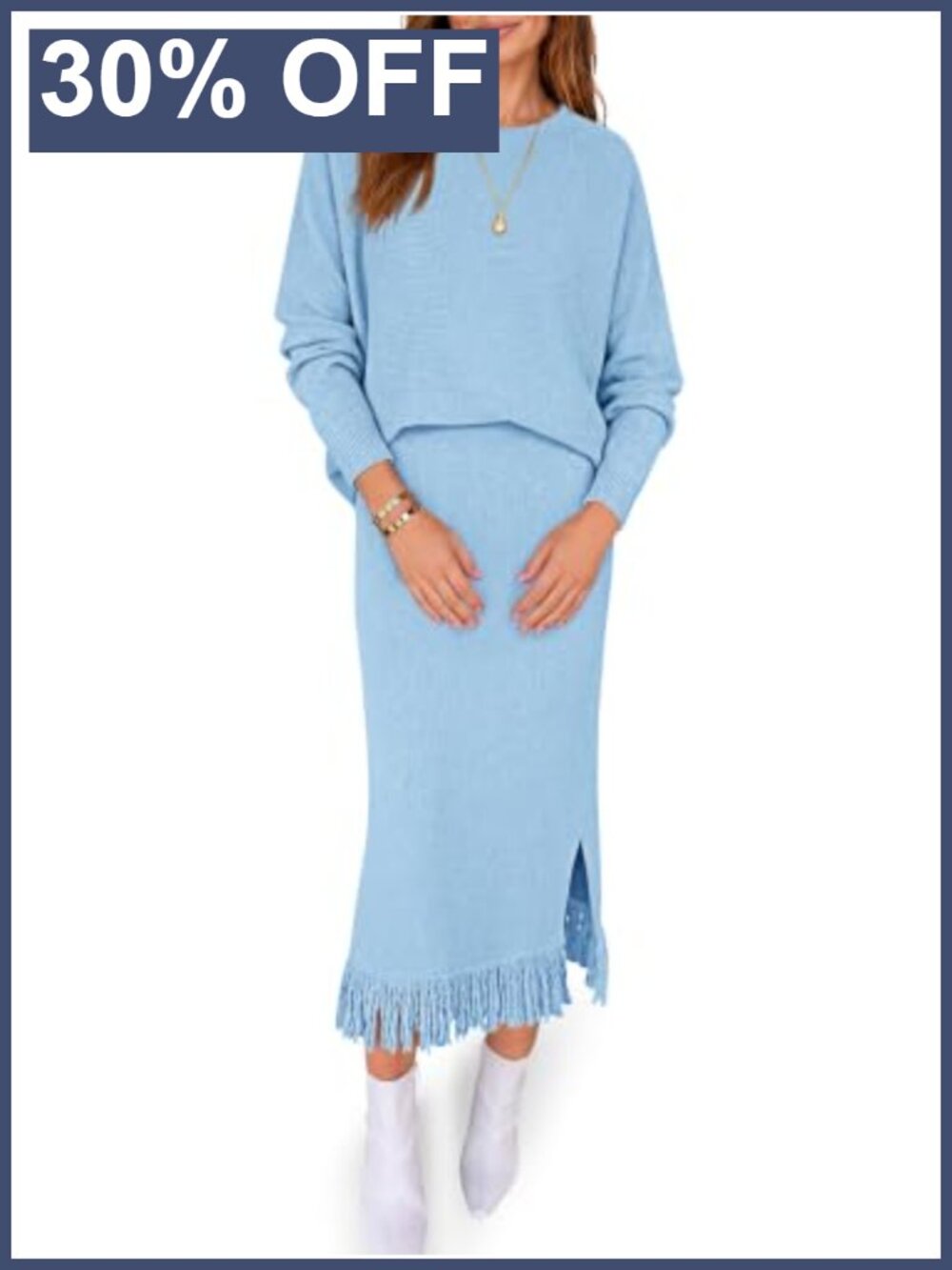 2 Piece Knit Sweater Skirt Set Fringe Side Slit Midi Pullover Top